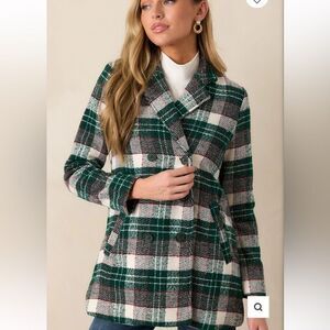 Aura Beauty And Style Dark Emerald Plaid Pea Coat Green Double Breasted L NWT